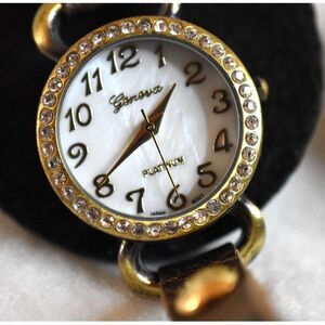 Geneva Platinum Rose Gold Brown Leather Rhinestone Stud Wrap Band Watch